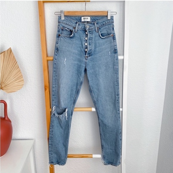 AGOLDE Nico High-Rise Skinny Jeans Distressed Light Indigo Raw Hem Button Fly 23 - Picture 2 of 15